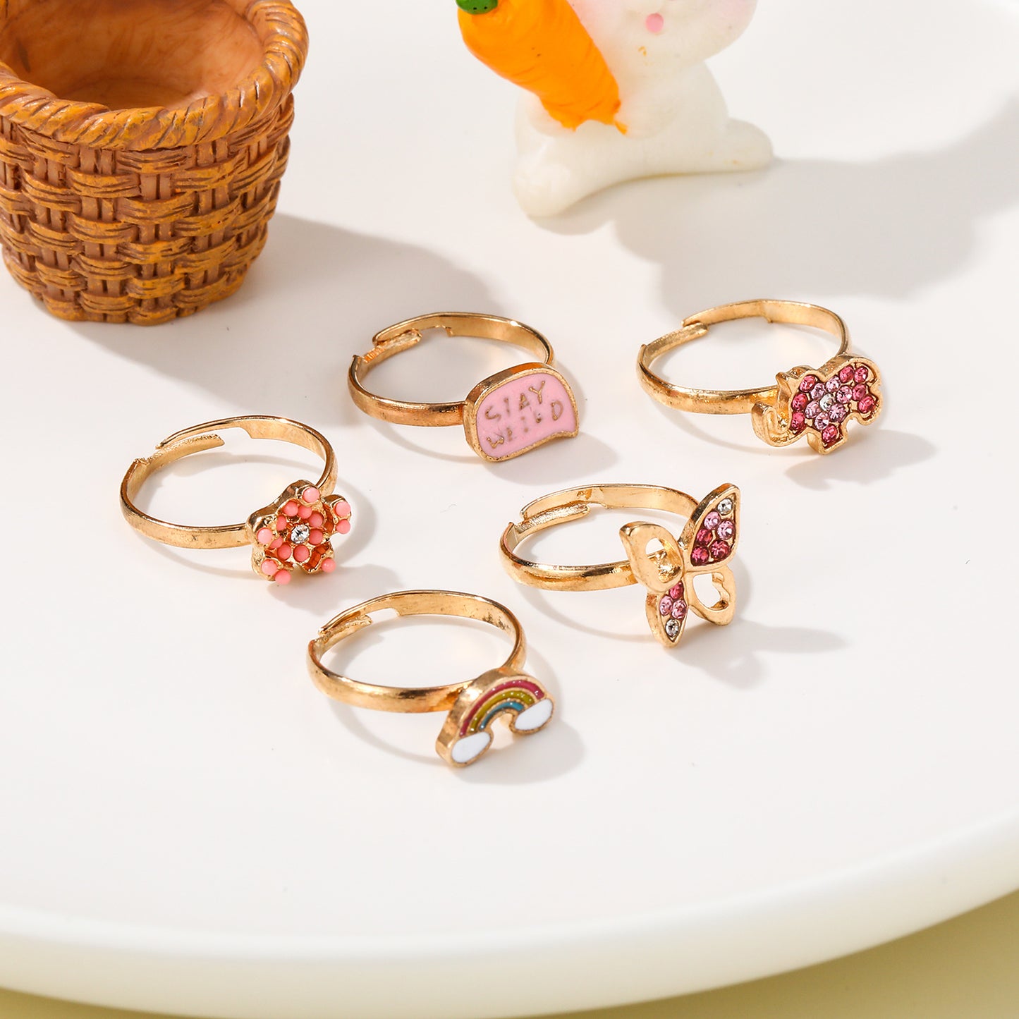 Cute Butterfly-Shaped Alloy Ring Set for Kids with Enamel Finish and Rhinestone Inlay Adjustable Children's Jewelry
