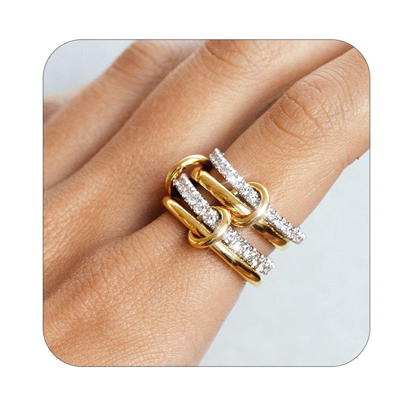 Gold Plated Stainless Steel Geometric Letter Ring with Rhinestone Inlay Unisex