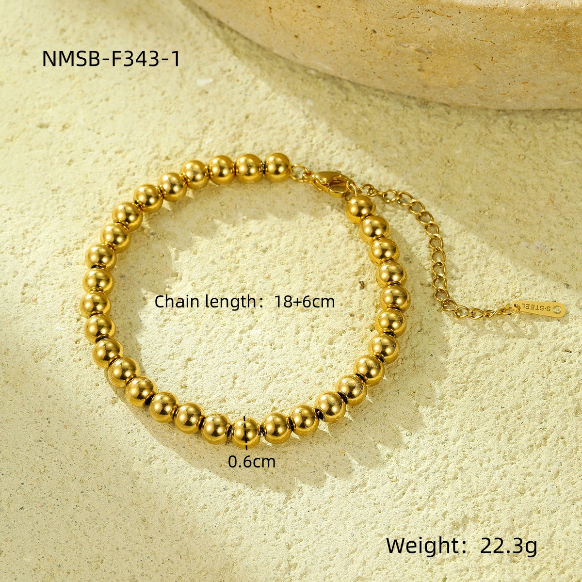Bracciale minimalista con perline regolabile da donna in acciaio inossidabile placcato oro 18 carati