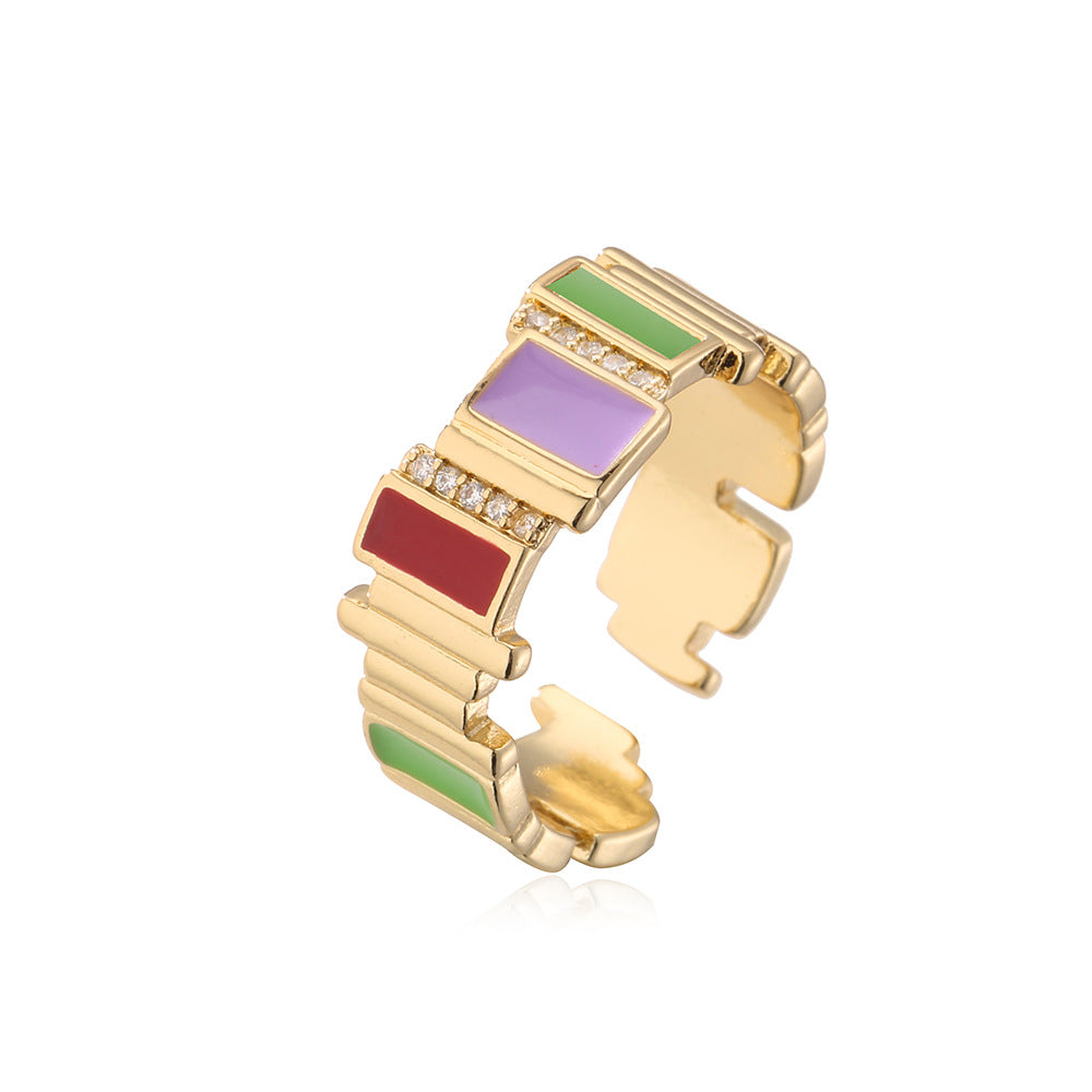 Geometric Open Ring for Women with Copper Base Plated in Real Gold Featuring Zircon Inlay and Enamel Finish