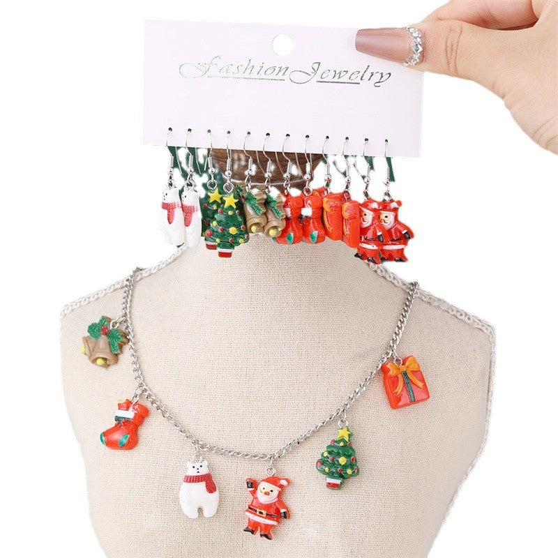 Set collana con ciondolo coordinato cappello e guanti di Babbo Natale, in resina, smaltato, con perline rotonde, per bambine