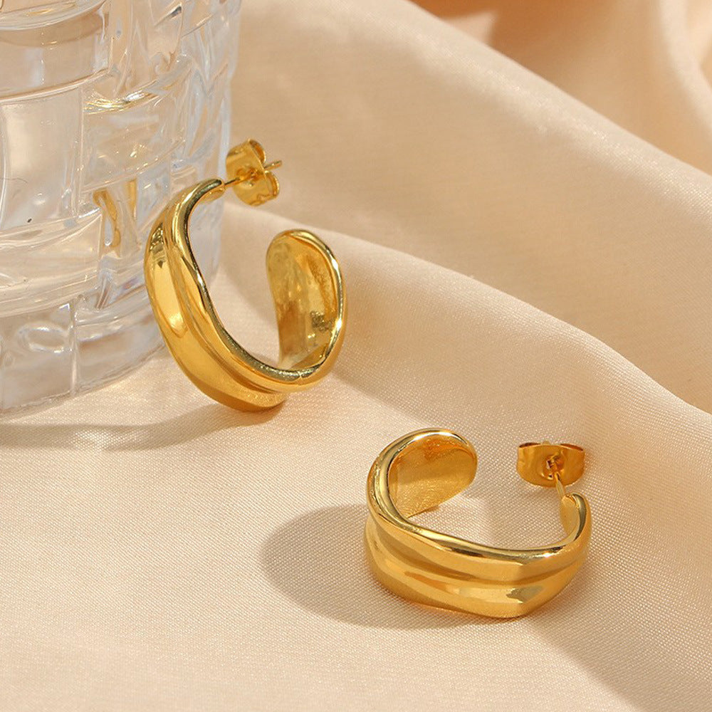 Minimalist Geometric Stainless Steel 18K Gold Plated Irregular Curved Hoop Earrings for Women