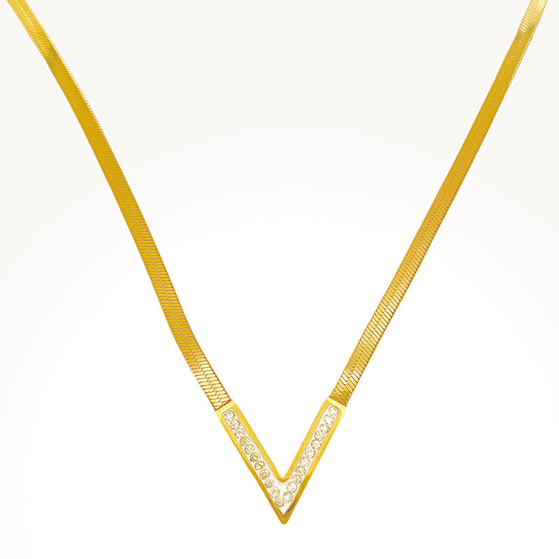Streetwear Gold Plated Letter V Rhinestone Titanium Steel Snake Chain Necklace