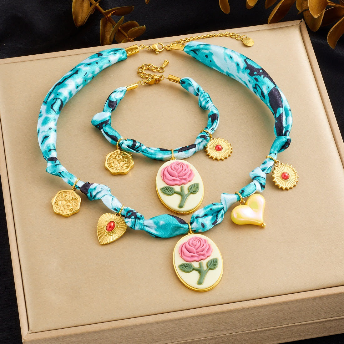 Blue Tie-Dye Fabric Gold Plated Heart Oval Floral Carved Pendant Necklace and Bracelet Set for Women