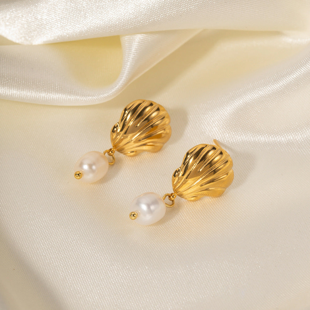 Pendientes geométricos de acero inoxidable con baño de oro y colgante de perla de agua dulce para mujer