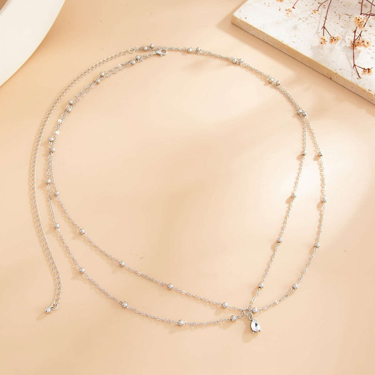 Fashion Polished Brass Teardrop Rhinestone Pendant Double Layer Ball Chain Body Chain for Women