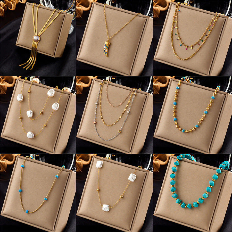Vintage-Style Tassel Pendant Necklace with Titanium Steel Chain and Enamel Finish for Women