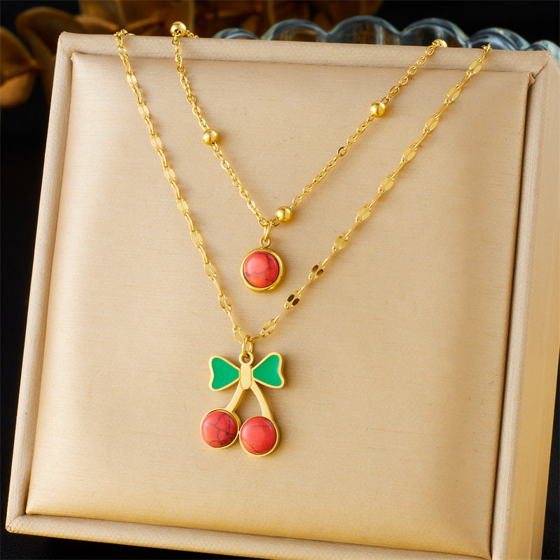 Vintage Double Layer Stainless Steel Necklace with Rhinestone and Drip Oil Cherry Heart Star Charms