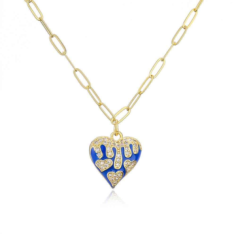 Retro Heart Pendant Necklace for Women with Copper Base Plated in 18K Gold and Enamel Finish, Set with Cubic Zirconia