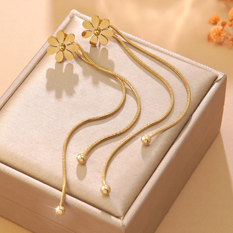 Elegant Stainless Steel Four-Leaf Clover Earrings with Cubic Zirconia and Tassel Design for Women