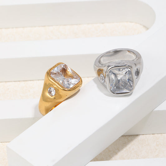 Minimalist Vintage French Style 18K Gold Plated Stainless Steel Square Geometric Cubic Zirconia Ring for Women