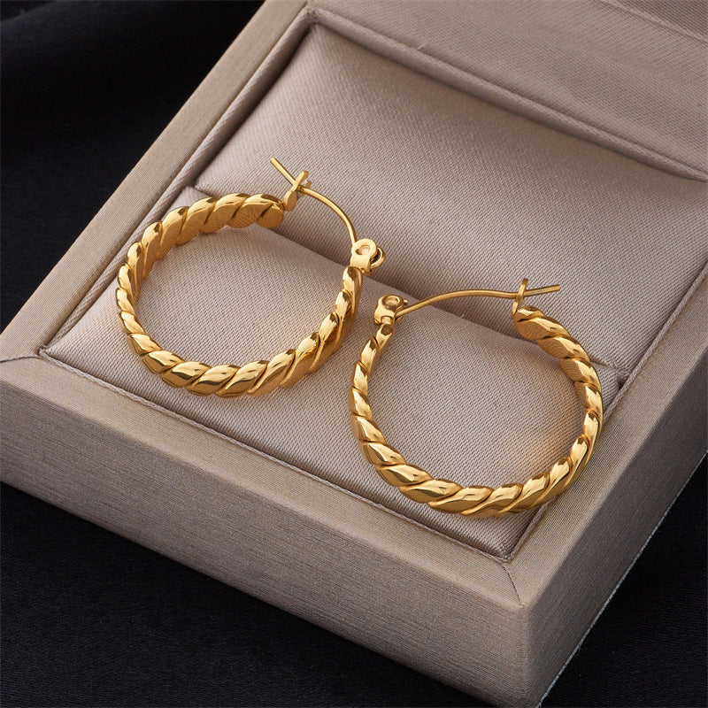 Minimalist Geometric Titanium Steel Gold-Plated Hoop Earrings for Women with Thick Twisted Rope Design