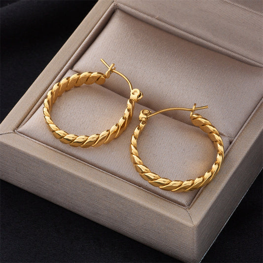 Pendientes de aro chapados en oro de acero de titanio geométricos minimalistas para mujer con diseño de cuerda retorcida gruesa