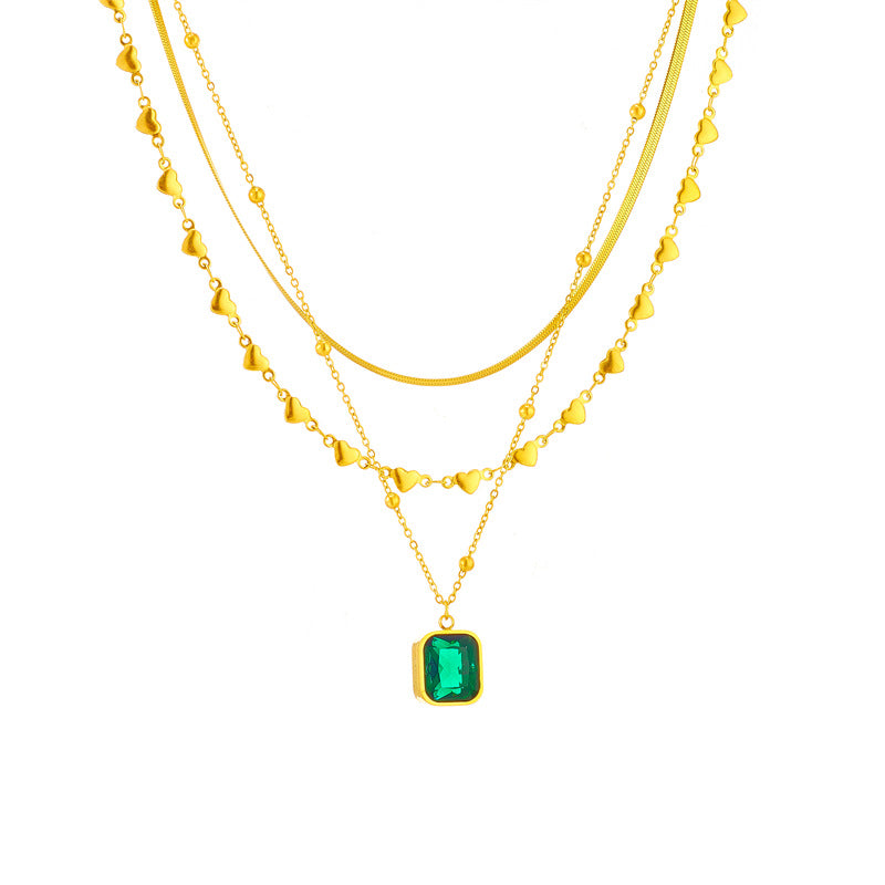 Fashionable Multi-Layer Heart and Square Pendant Necklace in Titanium Steel with Rhinestone Inlay on Snake Chain for Women