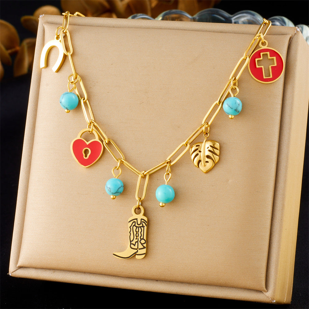 Vintage Red Drip Oil Round Hollow Cross Heart Leaf Boot Pendant Stainless Steel Necklace for Women