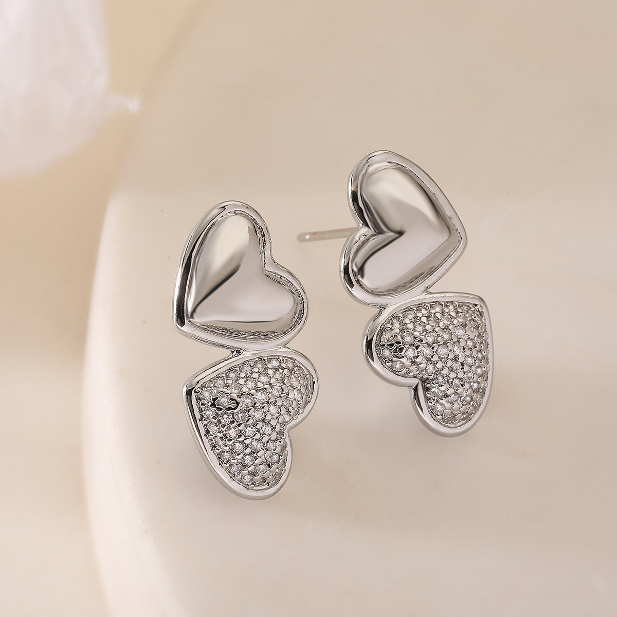 Minimalist Heart-Shaped Copper Earrings with 18K Gold Plating and Zircon Accents for Women