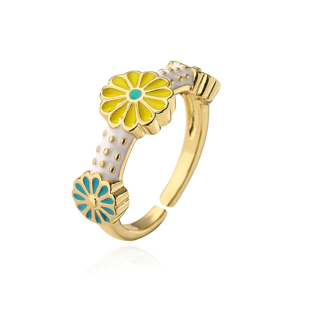 Bohemian Style Irregular Geometric Shape Copper Ring with Gold Plating and Enamel Floral Design for Women