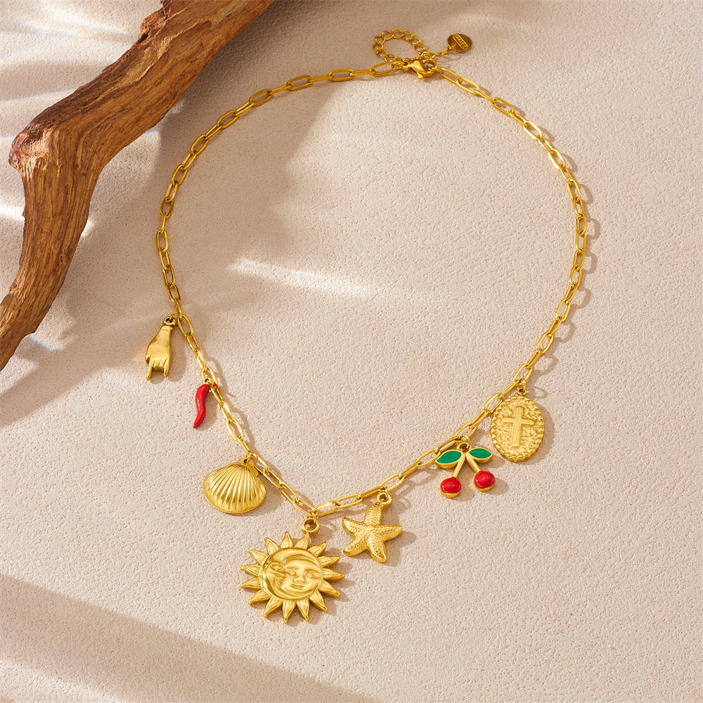 Streetwear Stainless Steel Plated Face Sun Chili Pepper Starfish Shell Cross Pendant Box Chain Necklace for Women