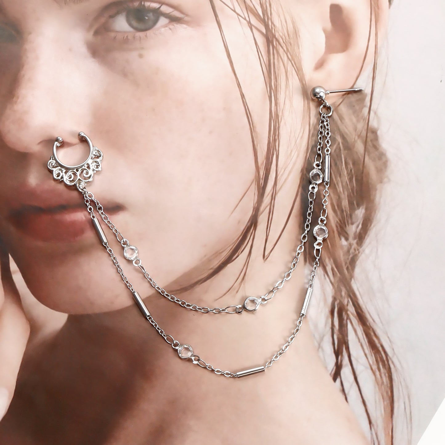 Ethnic Geometric Rhinestone Plated Alloy Nose Chain for Unisex