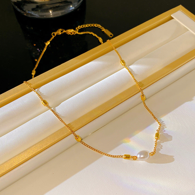 Luxury Casual Titanium Steel Serpentine Chain Necklace with Pearl Inlay