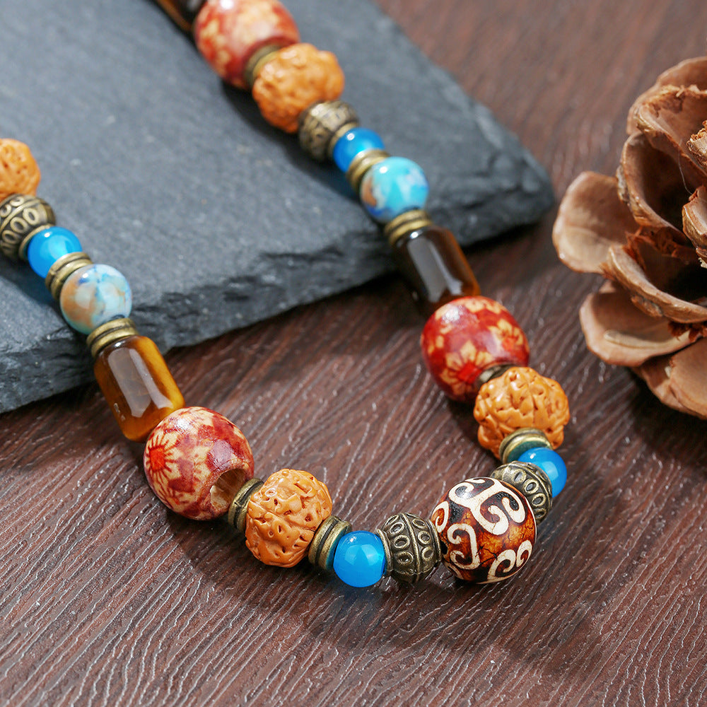 Vintage Ethnic Geometric Round Tiger Eye Stone Wood Beaded Alloy Necklace for Men and Women