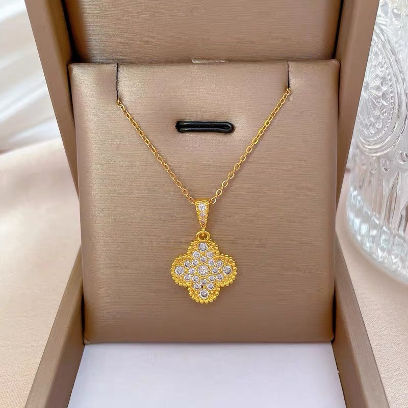 Collana con Pendente Minimalista a Quadrifoglio da Donna in Acciaio al Titanio con Finitura Placcata e Catena Snake