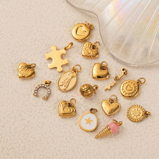 Vintage 18K Gold Plated Stainless Steel Heart Pendant DIY Charm Bar Necklace