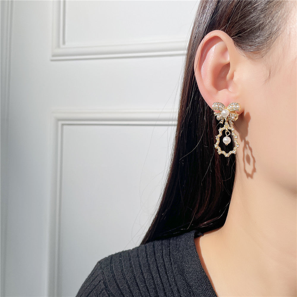 Vintage Elegant 925 Sterling Silver Bow Pearl Rhinestone Plated Alloy Drop Earrings with Tassel