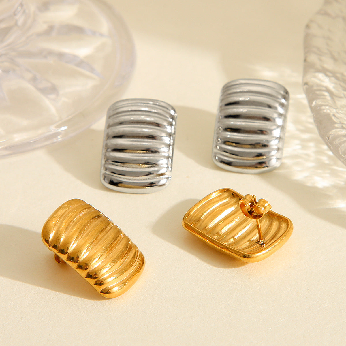 Minimalist Wave-Shaped Titanium Steel Earrings with 18K Gold Plating for Women, Geometric Square Stripe Design, Hypoallergenic Stainless Steel Posts