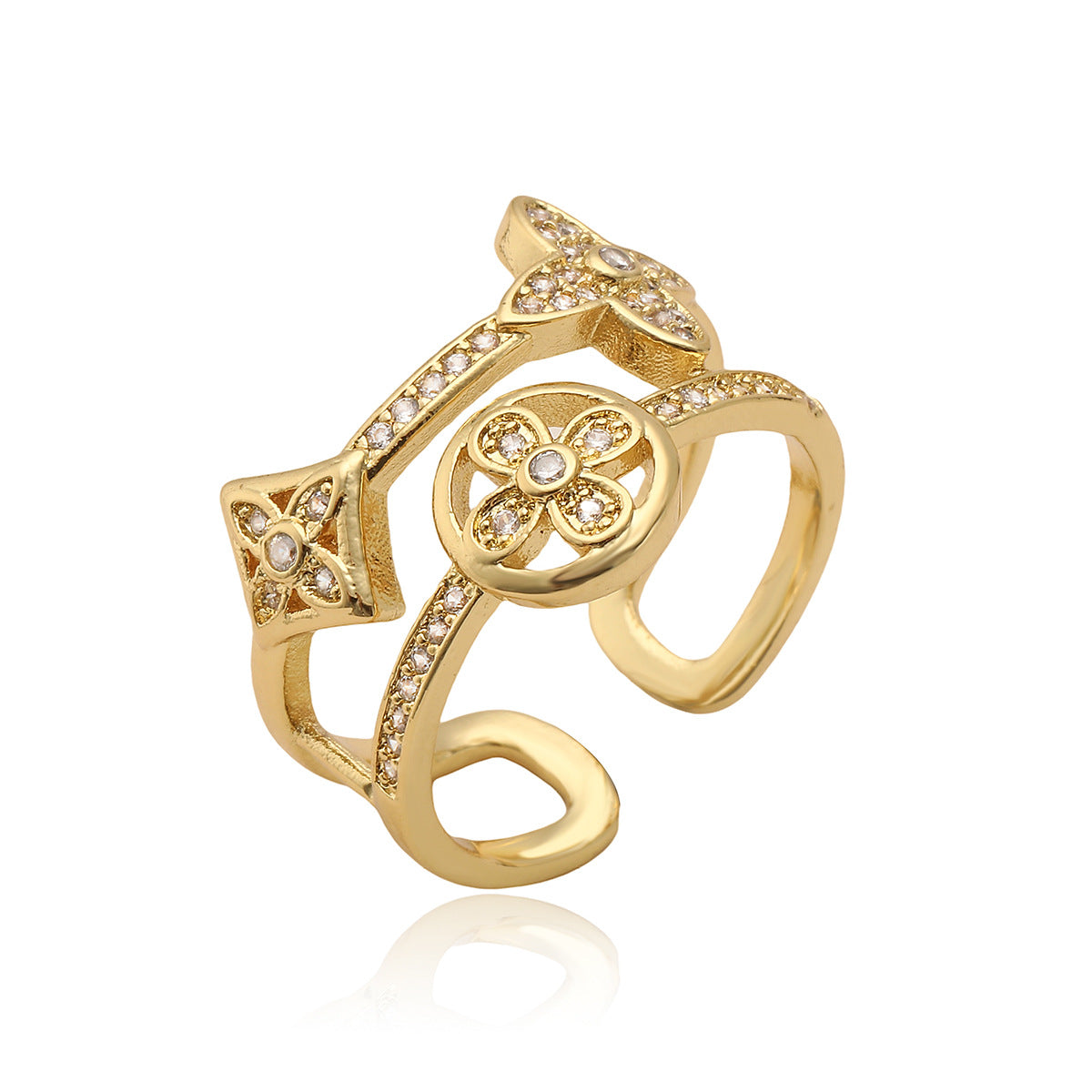 Anello Aperto Geometrico Minimalista da Donna in Rame con Placcatura in Oro 18K e Intarsio di Zirconi