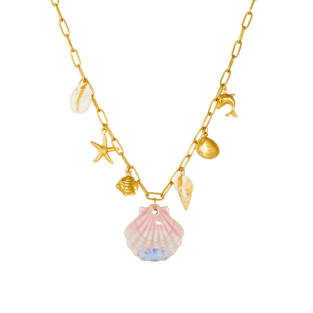 Chic Gold Plated Stainless Steel Animal Starfish Shell Dolphin Pendant Necklace for Women