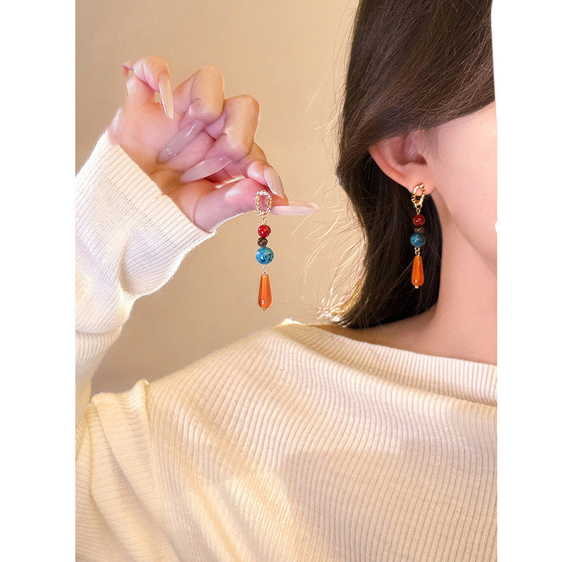 Orecchini a perno con pietre a forma di goccia d'acqua, stile etnico vintage, con perni in acciaio placcato, da donna