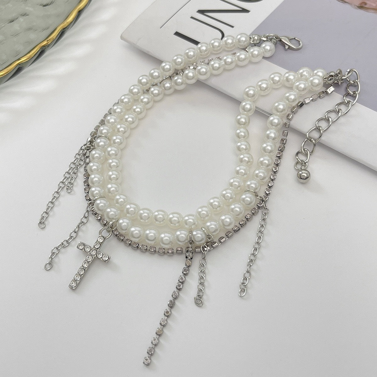 Minimalist Cross Beaded Imitation Pearl Rhinestone Ball Chain Anklet for Women