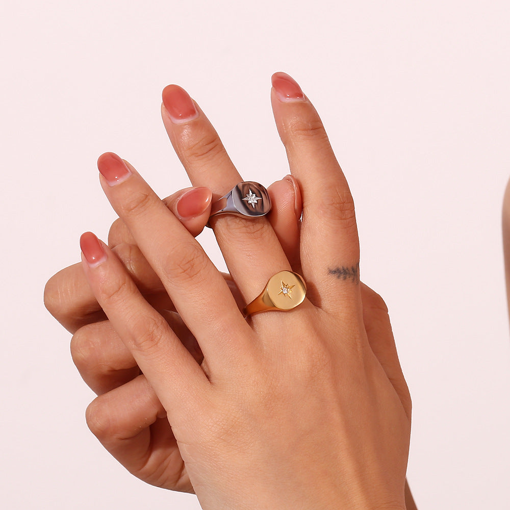 Minimalist Geometric Stainless Steel Ring with 18K Gold Plating Featuring Octagram Star Seal Design for Women