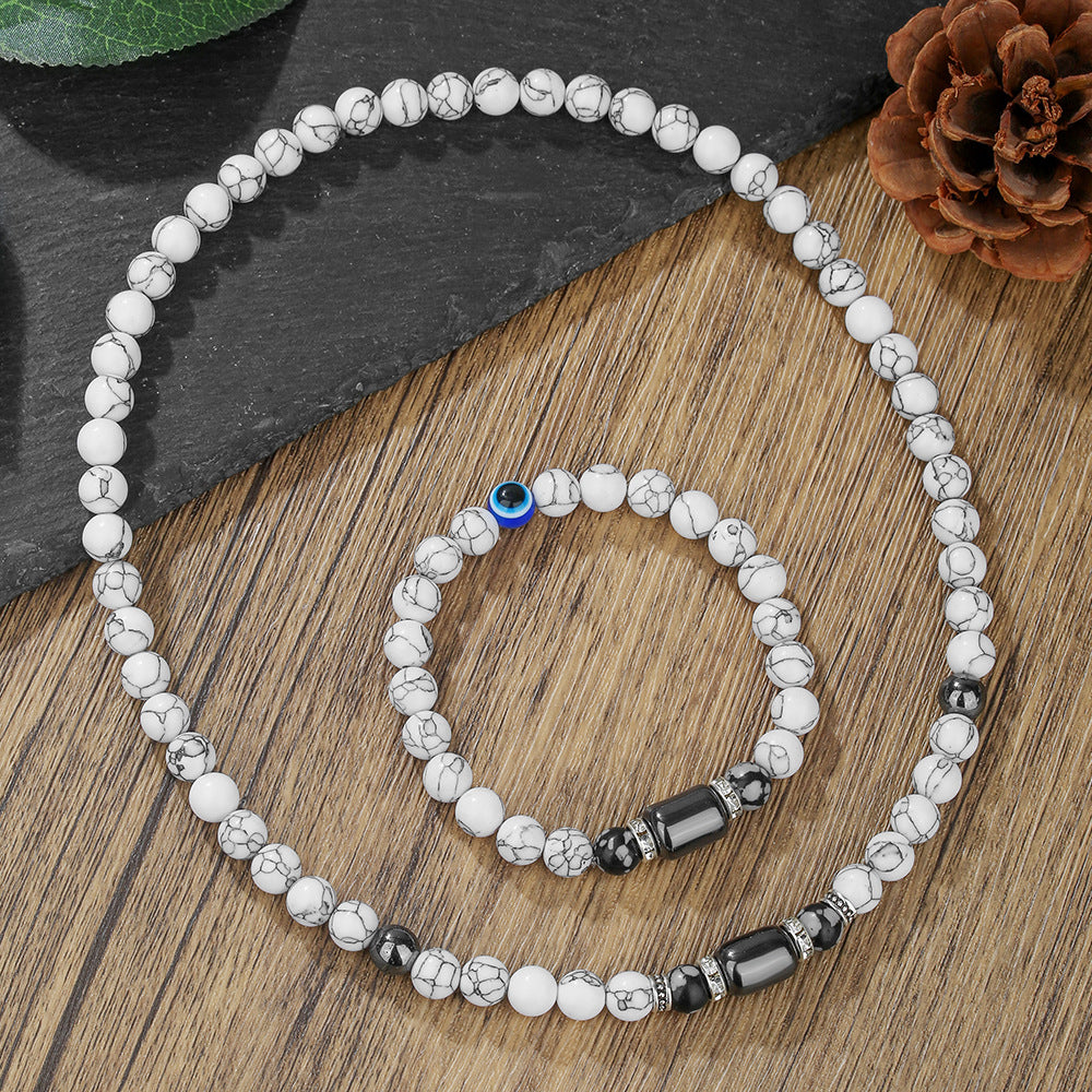 Fashion Geometric Round Howlite and Hematite Stone Handmade Necklace with Cable Chain for Women