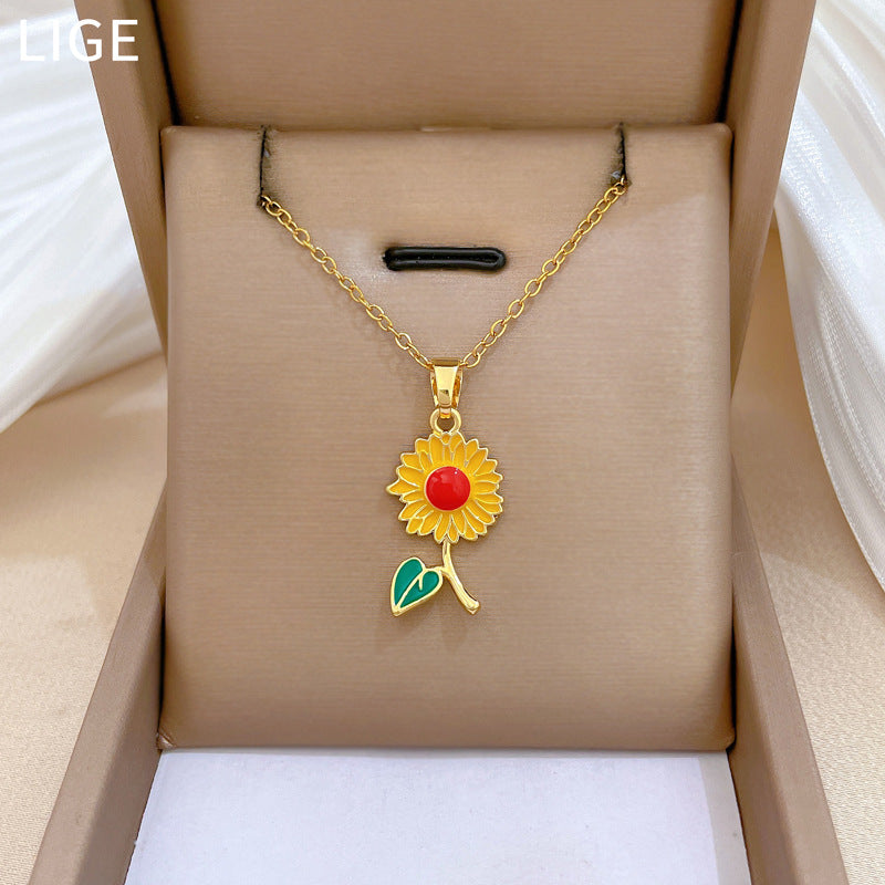 Sweet Elegant Drip Oil Floral Moon Rhinestone Pendant Necklace Titanium Steel Cable Chain for Unisex