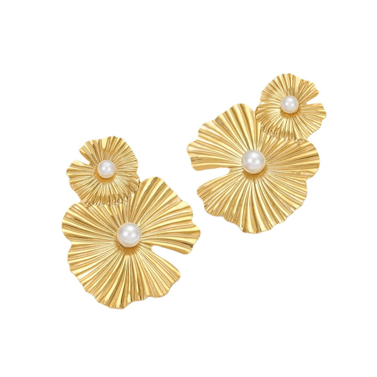 Pendientes de Acero Inoxidable con Forma de Pétalo Estilo OL de Moda con Baño de Oro de 18K y Acentos de Perlas