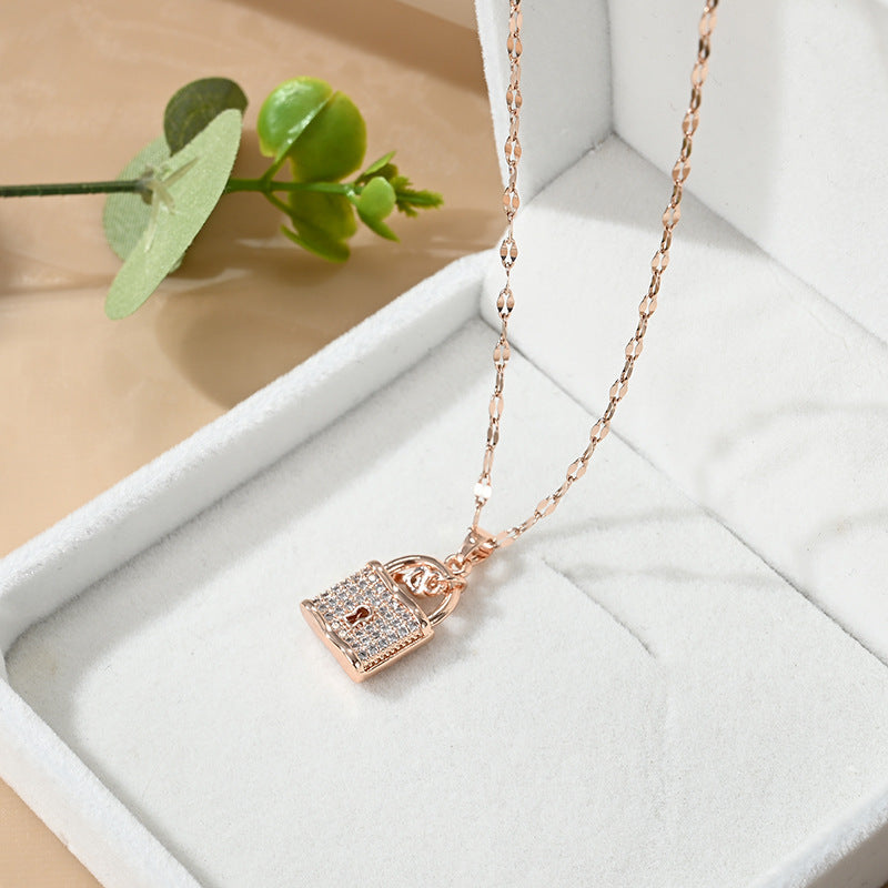 Minimalist Lock-Shaped Titanium Steel Necklace with Alloy Pendant and Plated Finish for Women and Men