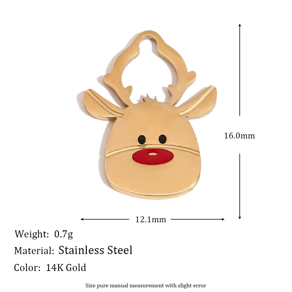 Cute Cartoon Christmas Santa Elk Reindeer Pendant with Stainless Steel Base Plated in 14K Gold and Enamel Finish for Holiday Season