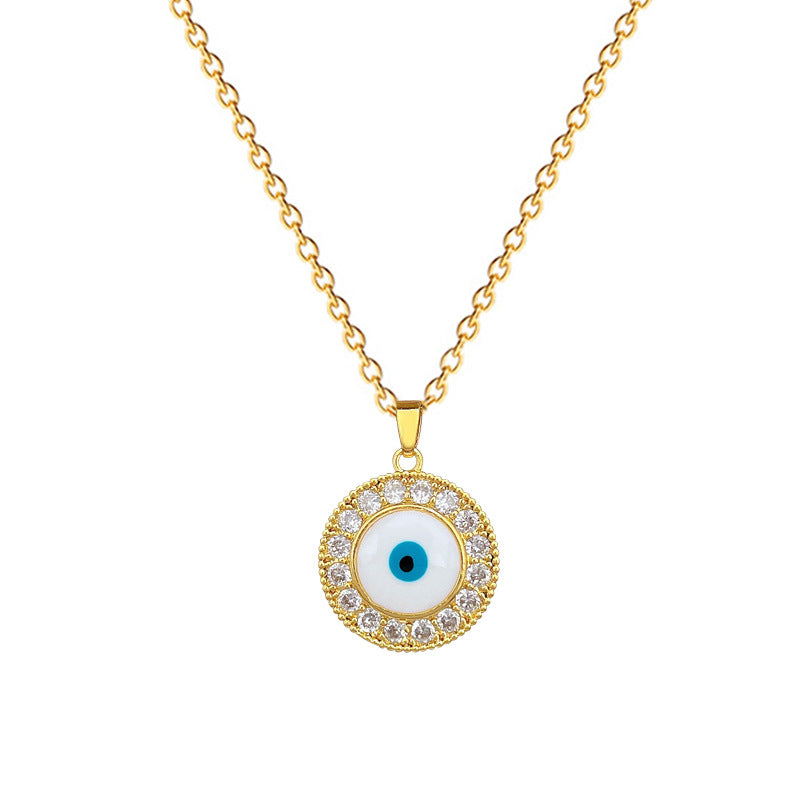 Collar con Colgante de Ojo Circular Estilo Caricatura para Mujer y Hombre de Acero de Titanio con Incrustaciones de Pedrería y Delicada Cadena de Relicario
