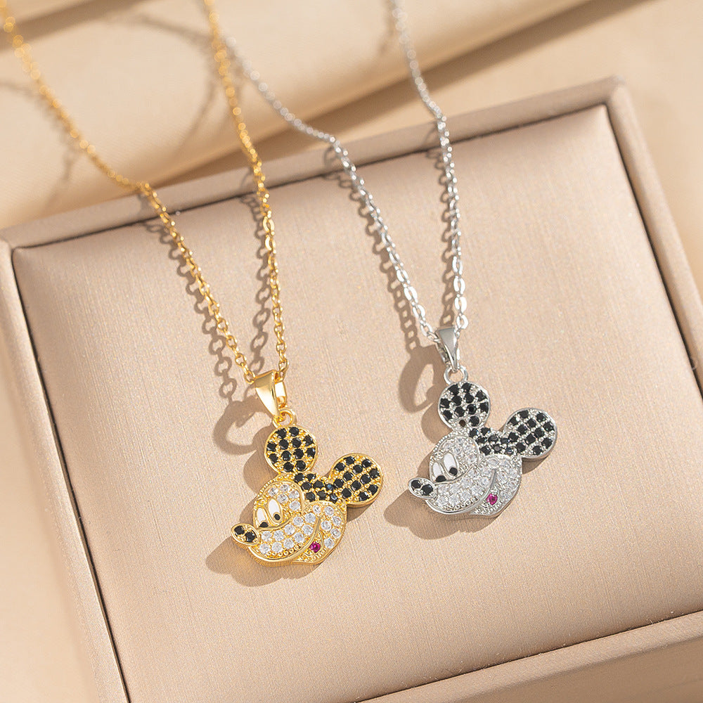 Collana con pendente di Topolino floreale di lusso da donna in acciaio al titanio con intarsio di strass e placcatura in oro su catena a serpente