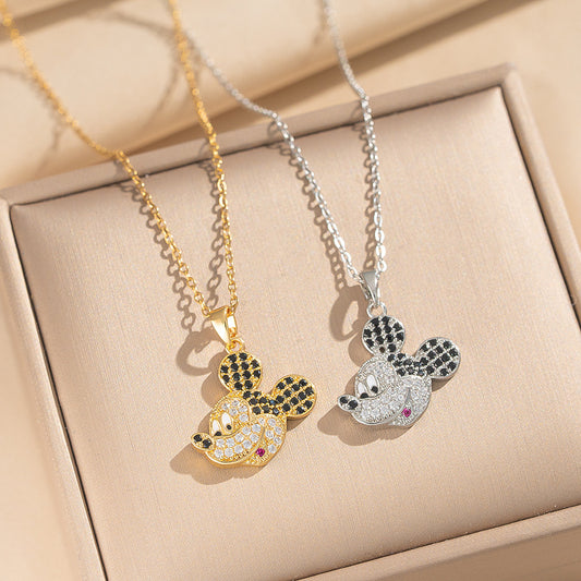 Collana con pendente di Topolino floreale di lusso da donna in acciaio al titanio con intarsio di strass e placcatura in oro su catena a serpente