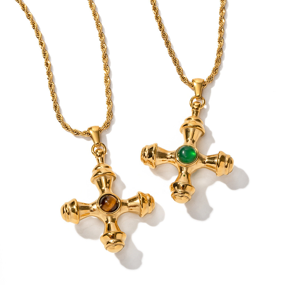Fashionable 18K Gold Plated Stainless Steel Cross Necklace with Tiger Eye Pendant for Women