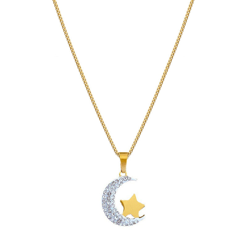 Collana con Pendente Minimalista in Acciaio al Titanio con Luna e Stella da Donna, Stile Medaglione Geometrico, Catena per Clavicola