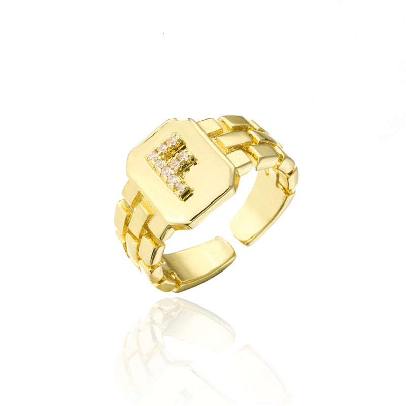 Minimalist Adjustable Open Ring with 18K Gold Plated Copper Band and AAA Zircon Letters Design