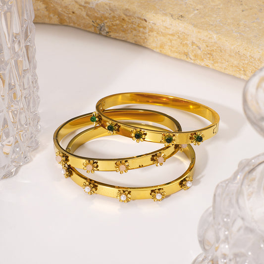 Bracciale in Acciaio Inossidabile Lucido a Forma di Fiore Geometrico Stile INS con Placcatura in Oro 18K Ipoallergenico