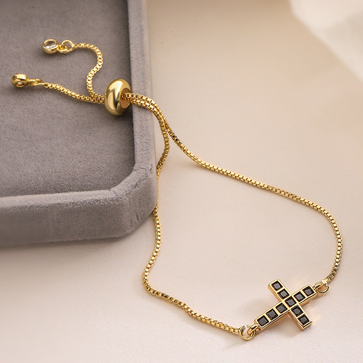 Vintage 18K Gold Plated Brass Cubic Zirconia Inlay Cross Bracelet for Women