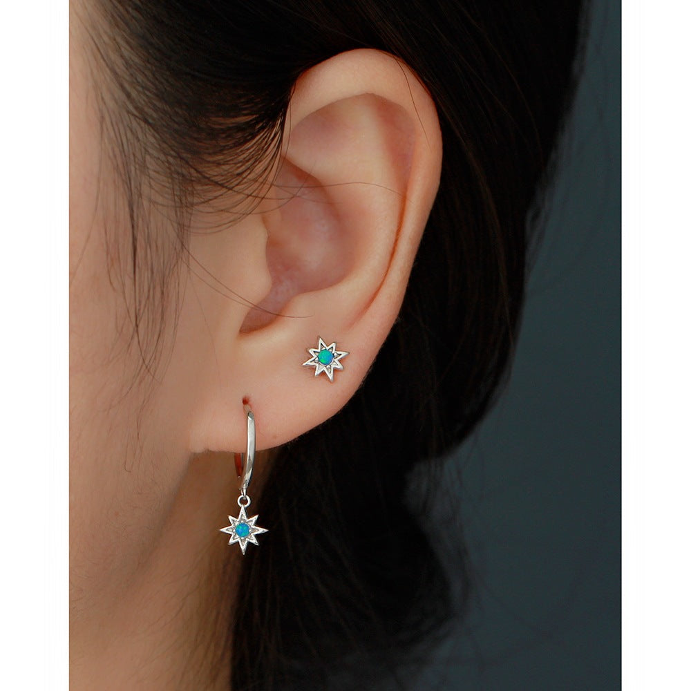 Minimalist Octagram Shaped 925 Sterling Silver Opal Stud Earrings for Women and Men