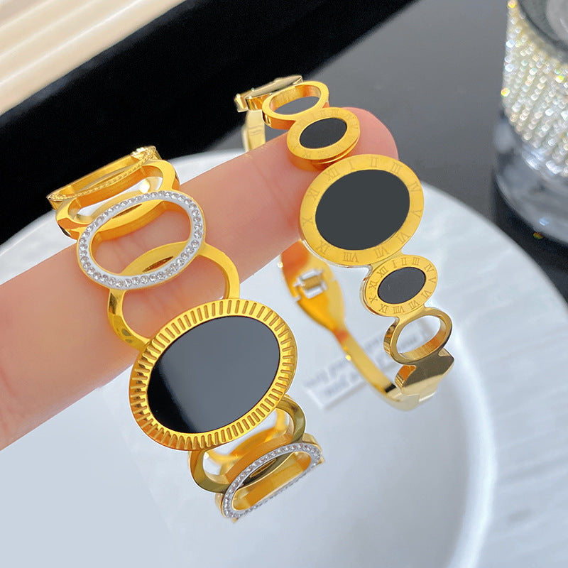 Minimalist Hollow Round Titanium Steel Bracelet with Rhinestone Inlay for Women