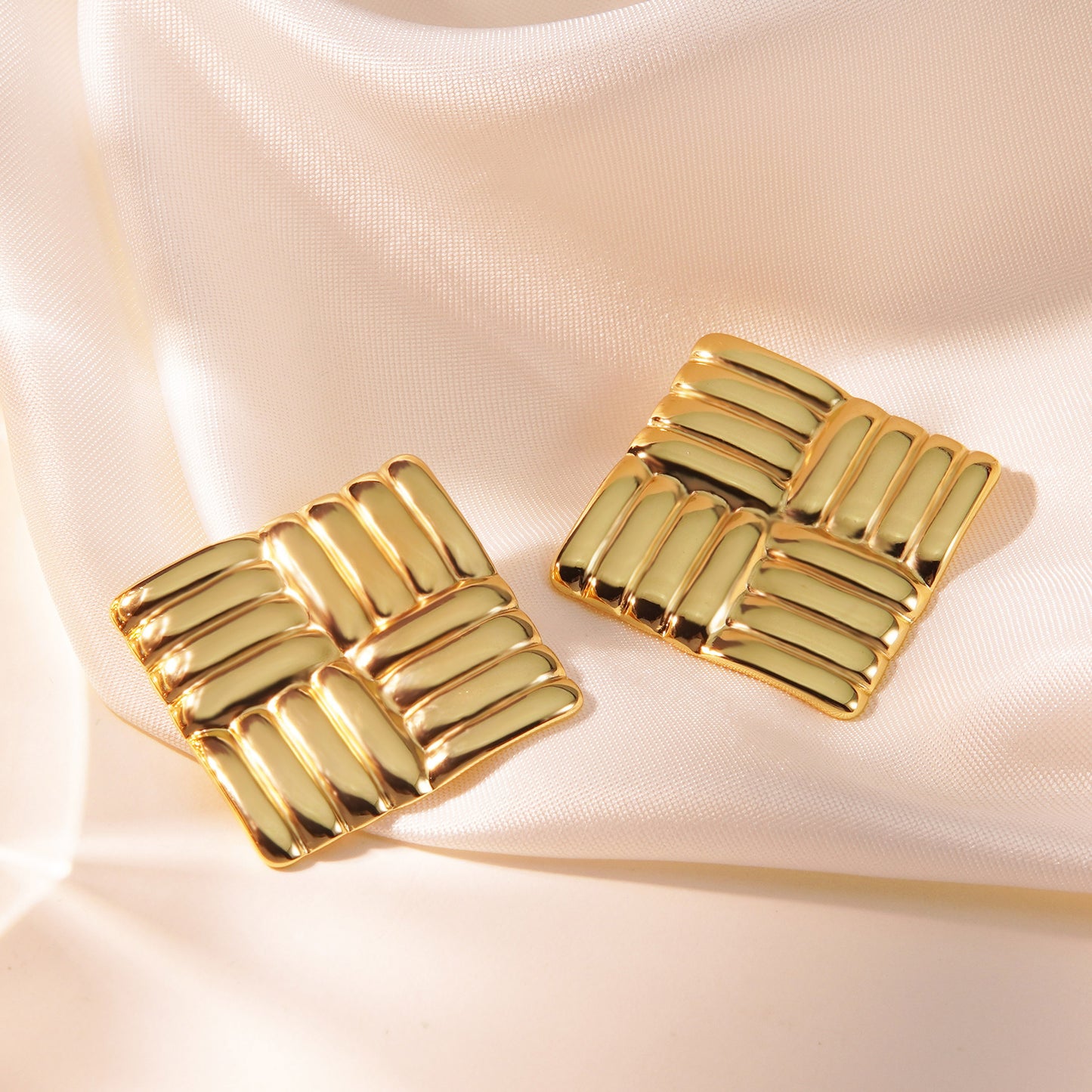 French Vintage Luxury Geometric Square Textured Stainless Steel Stud Earrings for Women